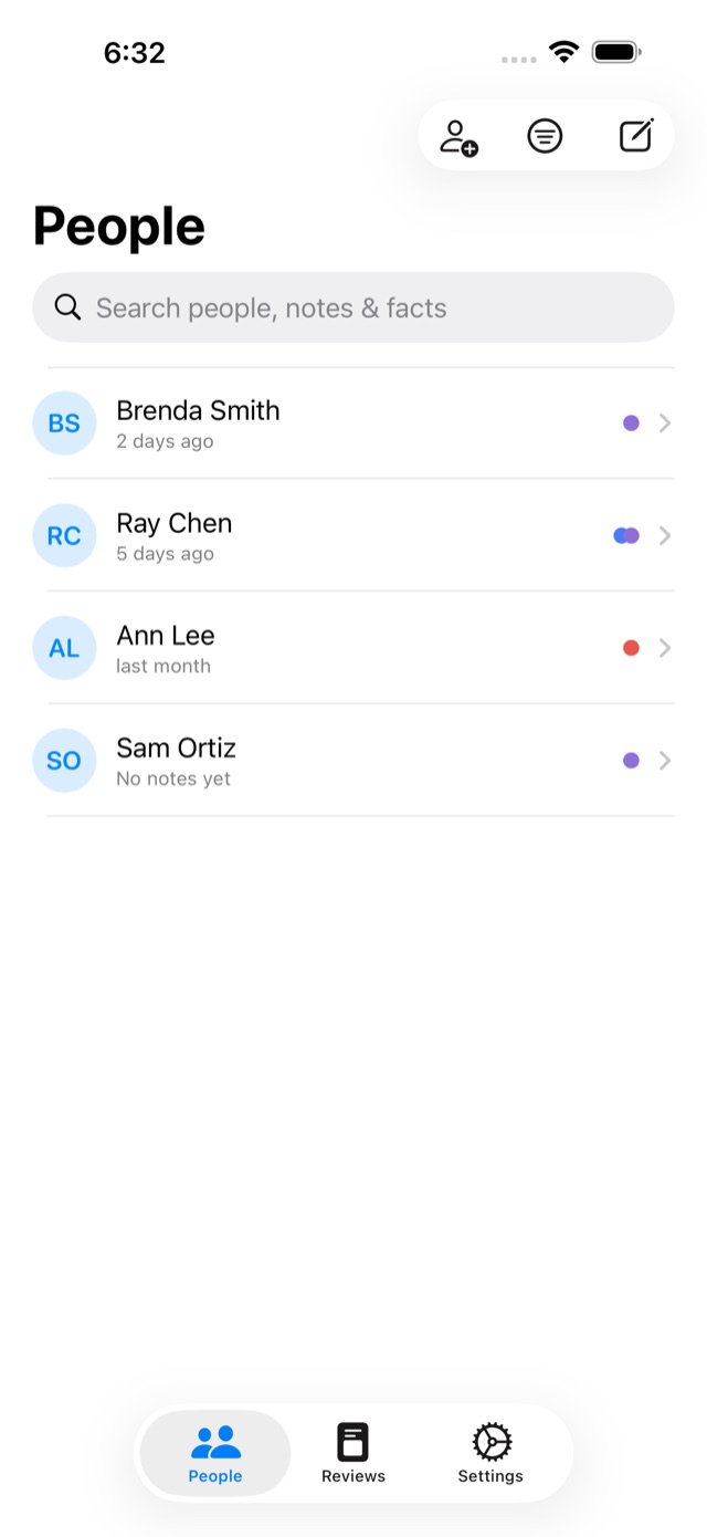 The People list with recent activity and tag colors