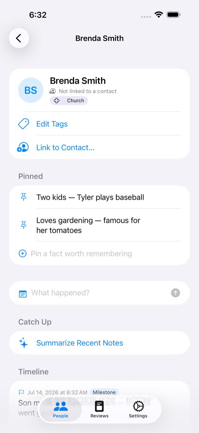 A person's page with pinned facts and a timeline of notes