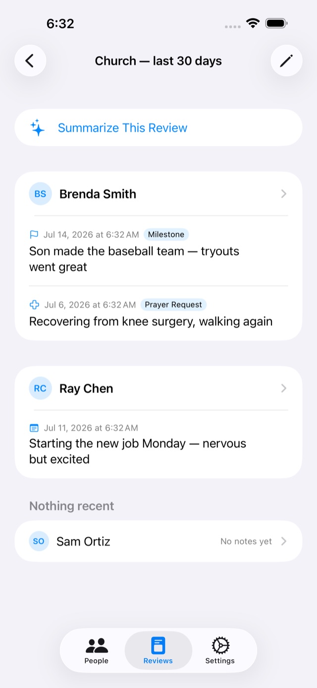 A review feed showing recent notes and who has gone quiet